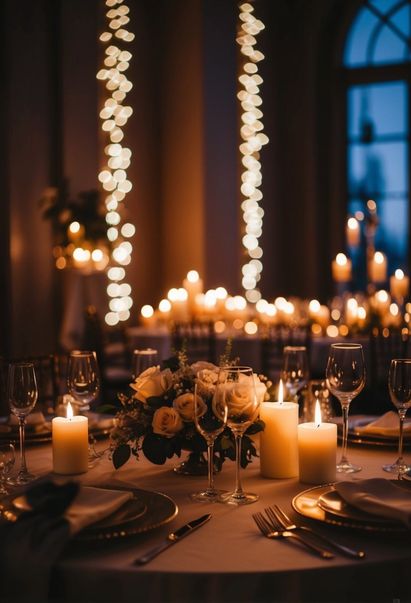 A dimly lit room with flickering candles casting a warm glow on the elegant decor, creating a sultry and romantic ambiance for a Friday the 13th wedding