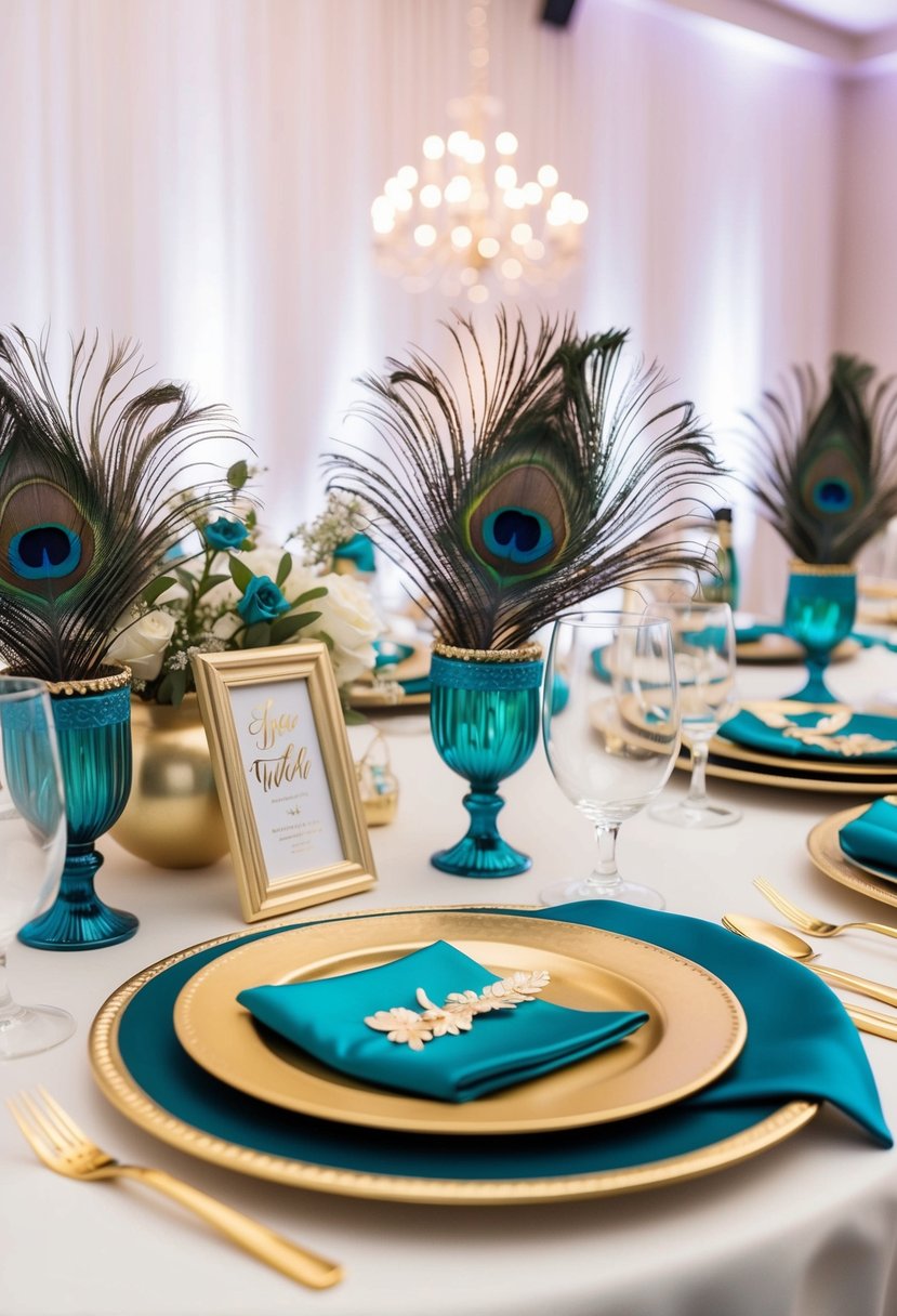 A table adorned with peacock feathers, teal and gold accents, and elegant peacock-themed wedding favors