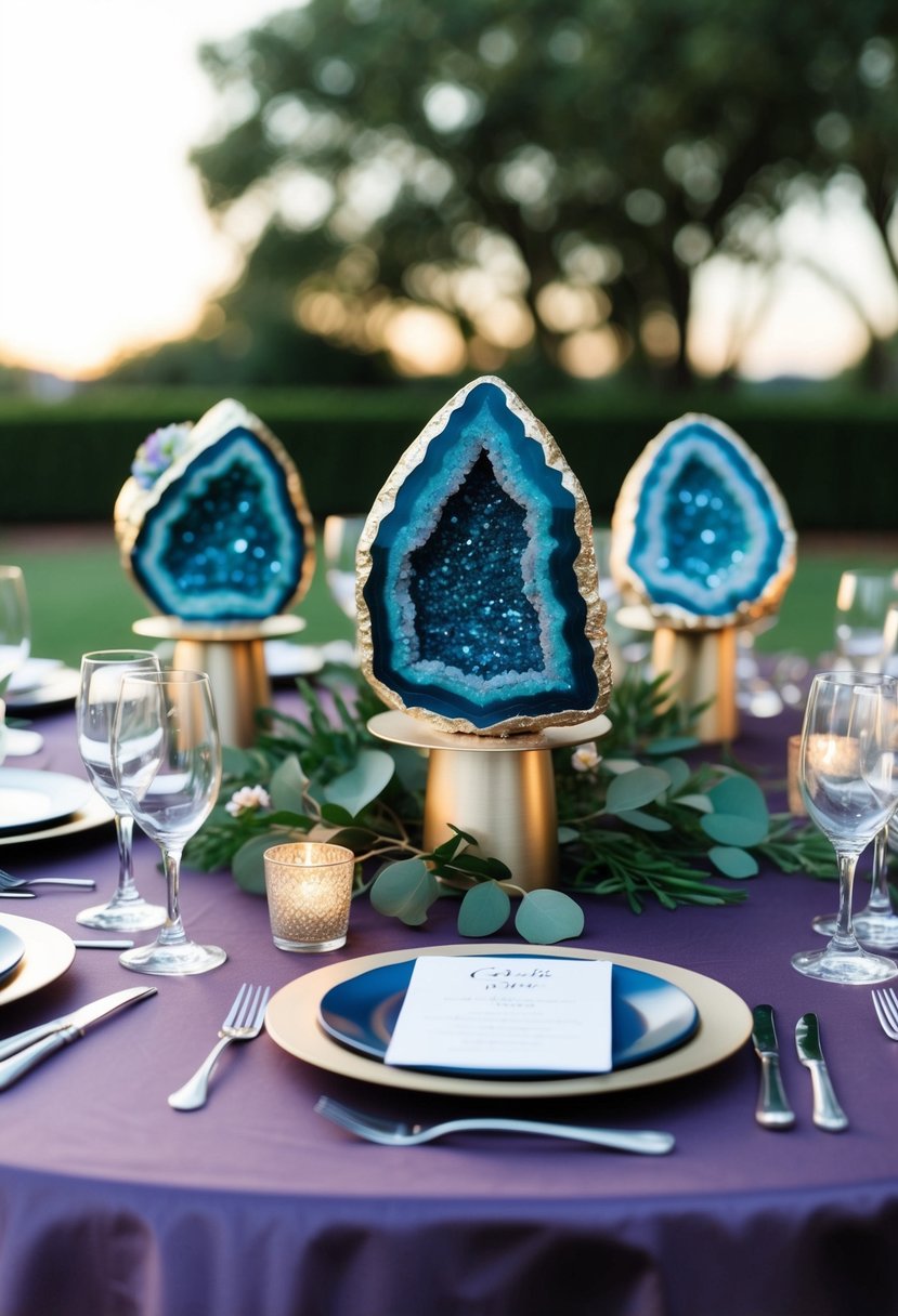 A wedding table adorned with geode-inspired decor, featuring shimmering crystals and deep, rich colors