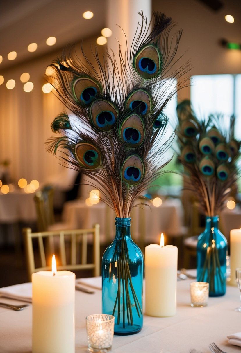 Peacock feathers adorn candles on a wedding table, creating an elegant and colorful centerpiece