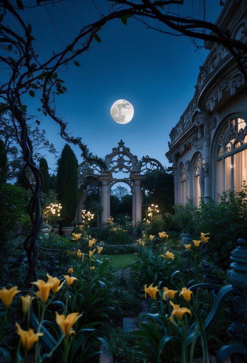 A moonlit garden with twisted vines and eerie flowers, surrounded by ornate Art Nouveau architecture