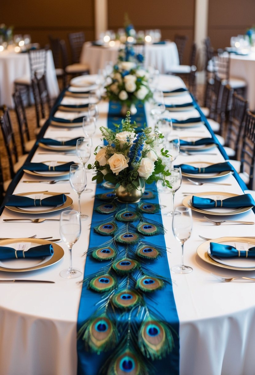 A banquet table adorned with peacock-inspired table runners, surrounded by elegant peacock wedding decor