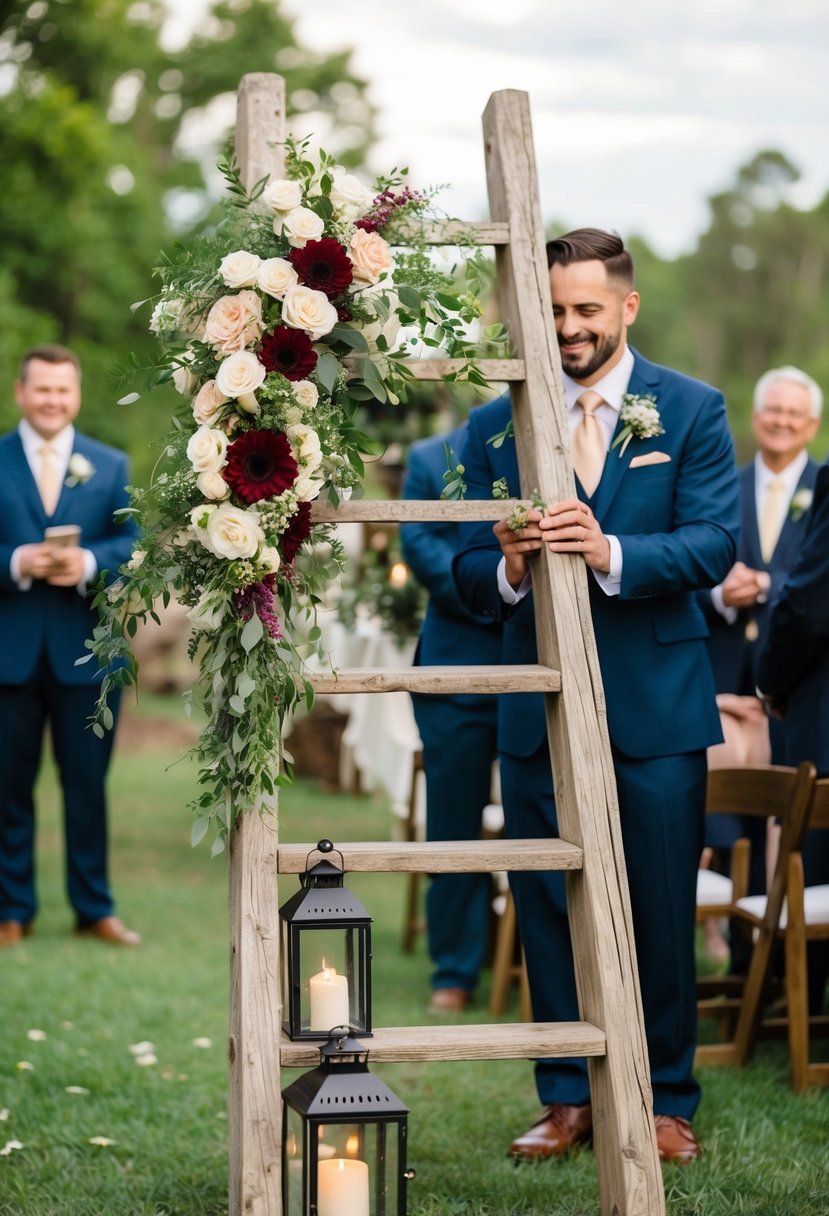 A rustic ladder adorned with flowers and lanterns marks the entrance to a Friday the 13th wedding ceremony