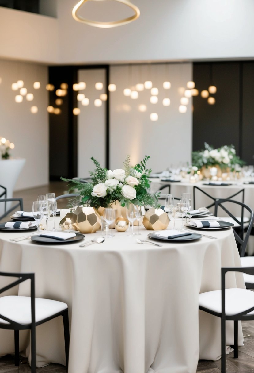 A sleek, minimalist wedding reception with geometric decor, metallic accents, and a neutral color palette