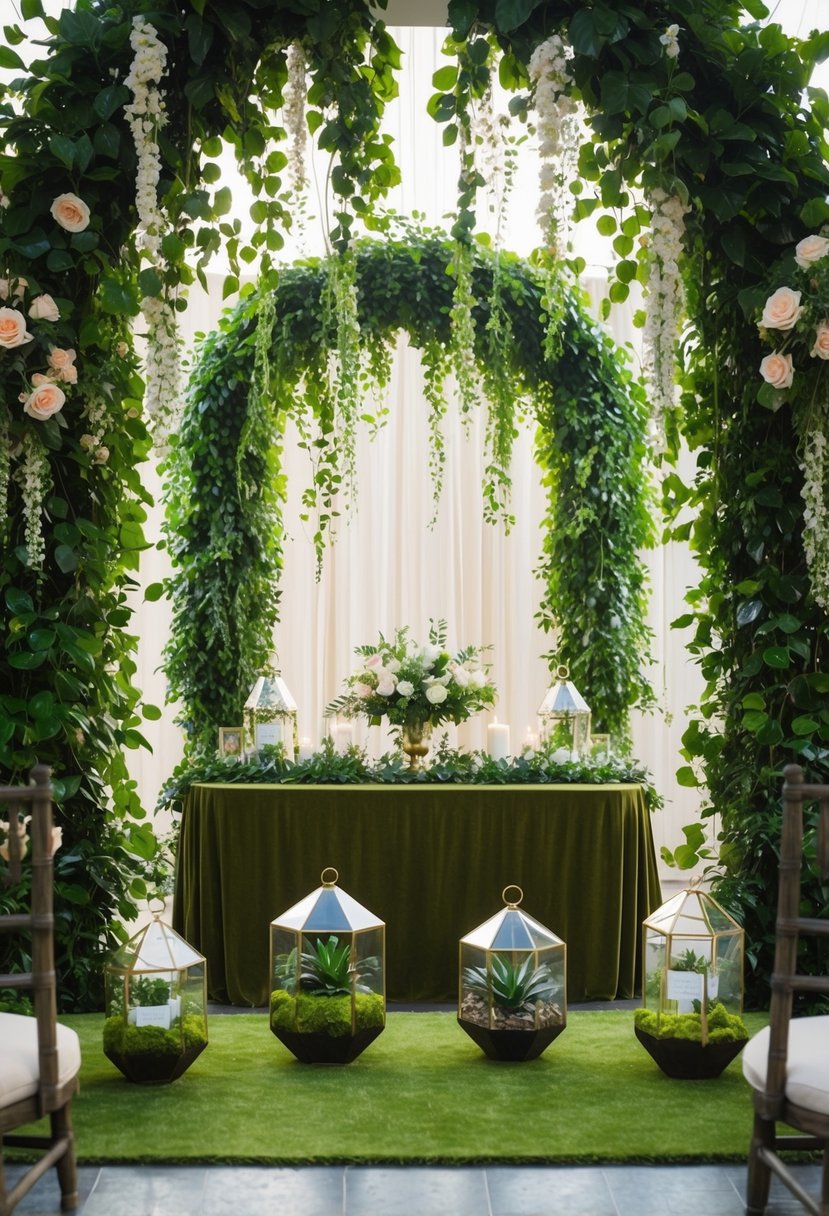 A lush greenery archway frames the altar, adorned with hanging vines and blooming flowers. A moss-covered table displays plant-themed centerpieces and terrariums