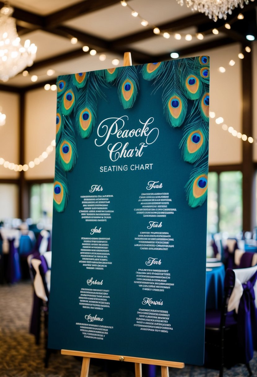 A peacock-themed seating chart with vibrant feathers and elegant calligraphy