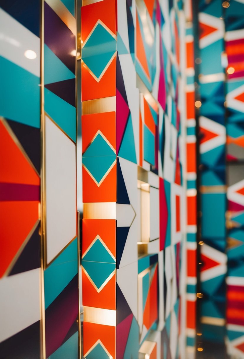 Vibrant geometric patterns in bold colors adorn sleek wedding decor