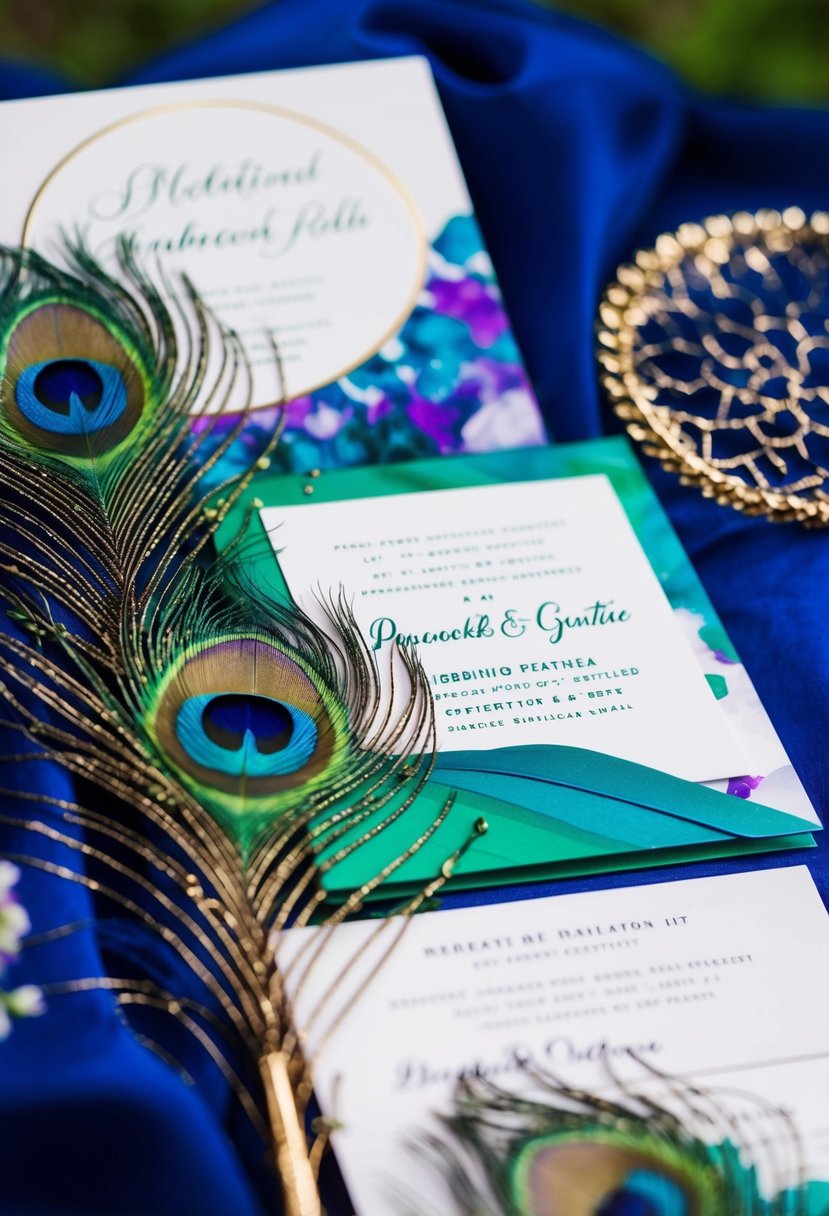 A peacock feather-inspired wedding invitation suite with vibrant blues, greens, and purples, accented with gold foil details