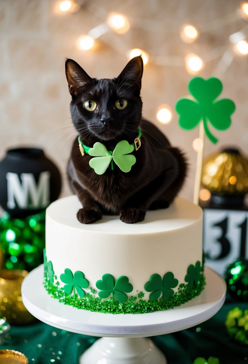 A black cat with a four-leaf clover collar sits atop a wedding cake, surrounded by Friday the 13th decor