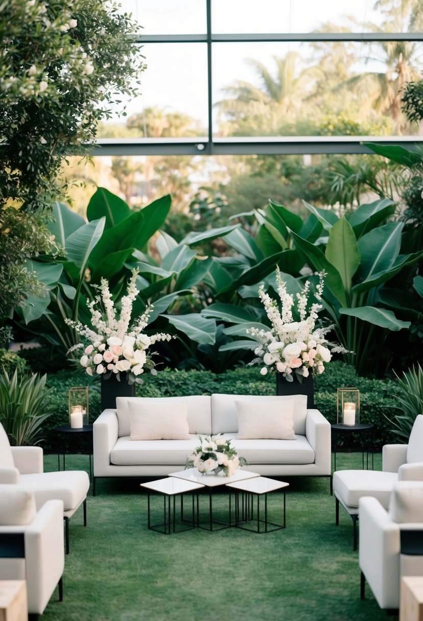 A sleek, minimalistic wedding setup in a botanical garden, featuring modern floral arrangements, geometric decor, and contemporary seating