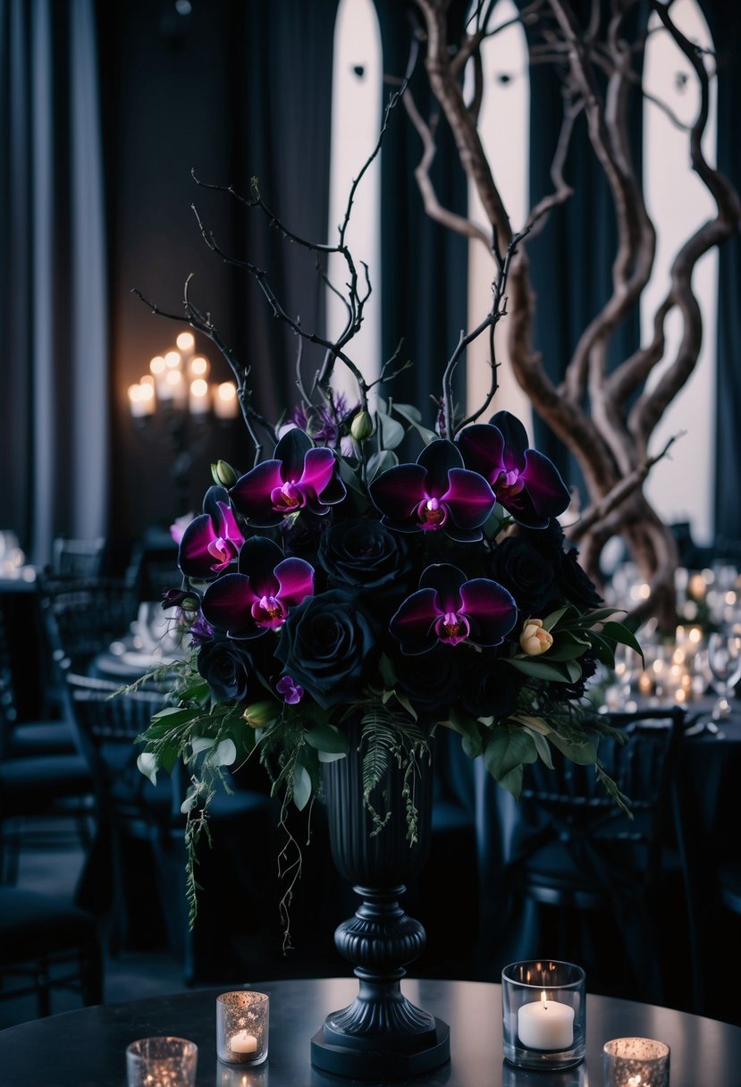 A dark, gothic-themed wedding venue with eerie floral arrangements, featuring black roses, deep purple orchids, and twisted branches