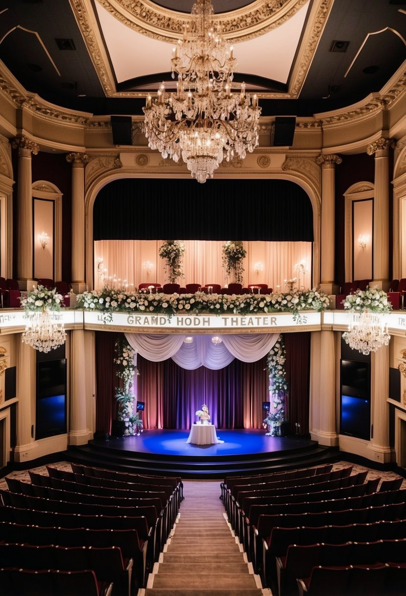 A grand theater transformed for a modern wedding, with elegant decor and dramatic lighting creating a unique and romantic atmosphere