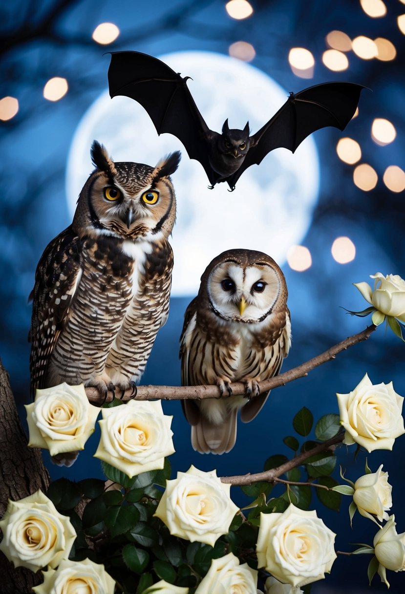 An owl and a bat perch on a moonlit tree, surrounded by 13 white roses