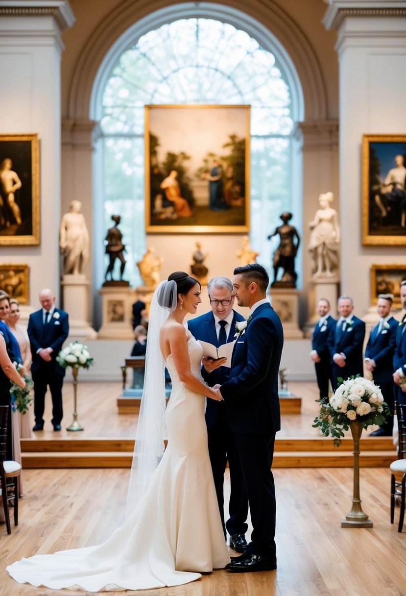 An elegant wedding ceremony takes place in a grand art museum, with ornate sculptures and paintings as the backdrop