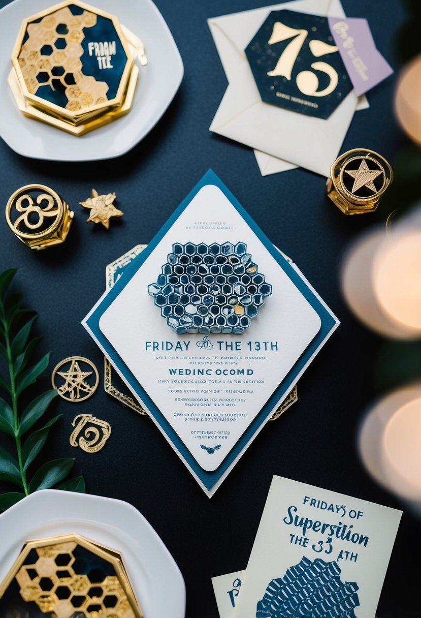 A hexagonal honeycomb pattern adorns a wedding invitation surrounded by symbols of superstition on Friday the 13th