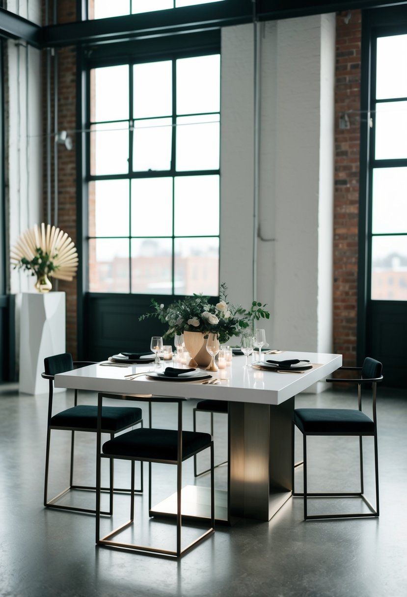 A sleek loft with industrial accents, large windows, and minimalist decor. A chic, modern wedding setup with geometric shapes and metallic accents