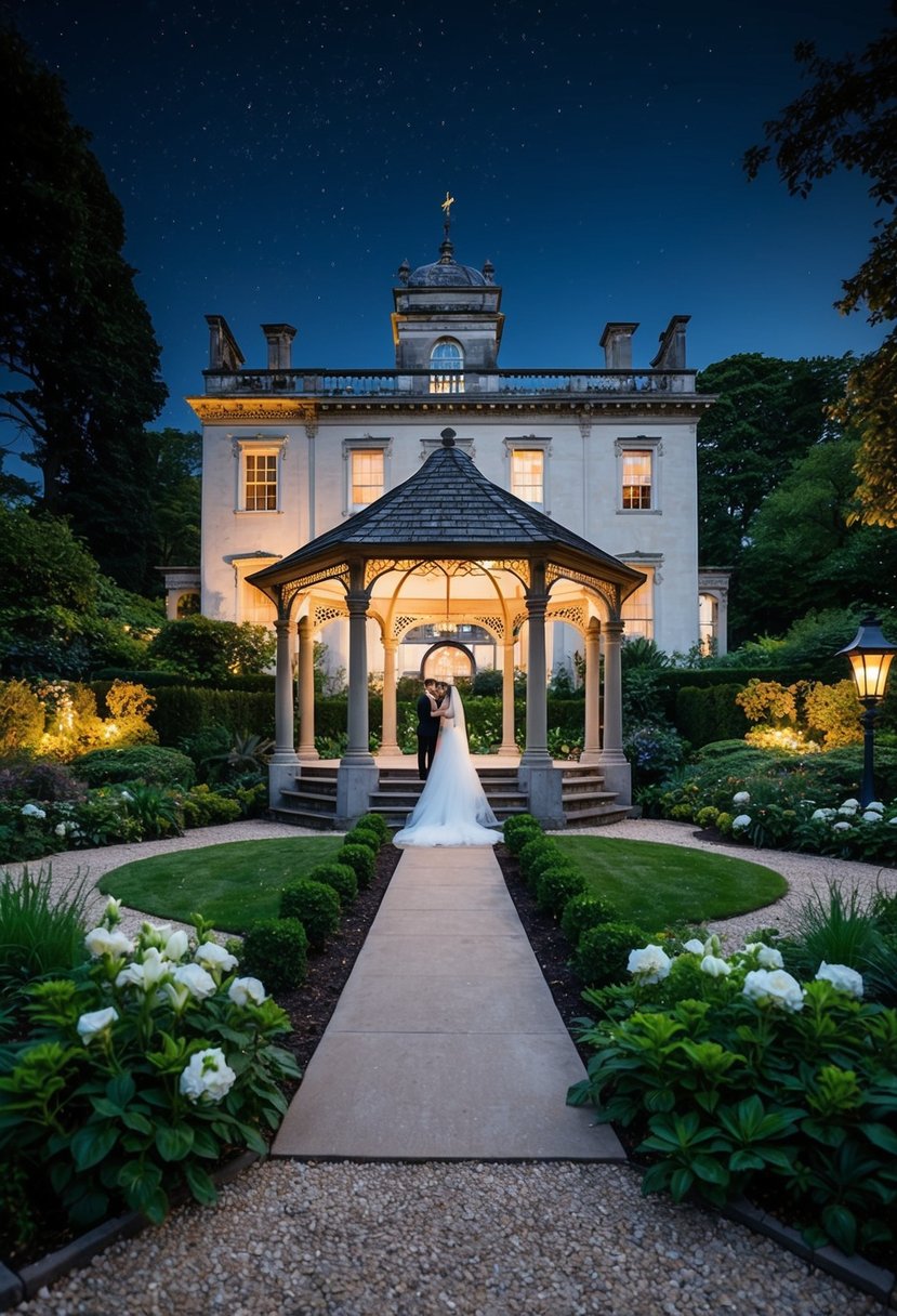 A grand, historic mansion with lush gardens and a charming gazebo, set for a romantic wedding under the stars on Friday the 13th