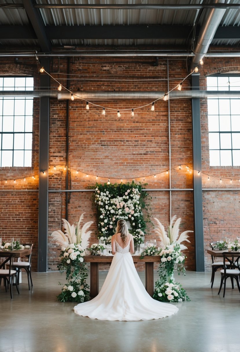 An industrial warehouse transformed into a modern wedding venue, with exposed brick walls, string lights, and elegant floral arrangements