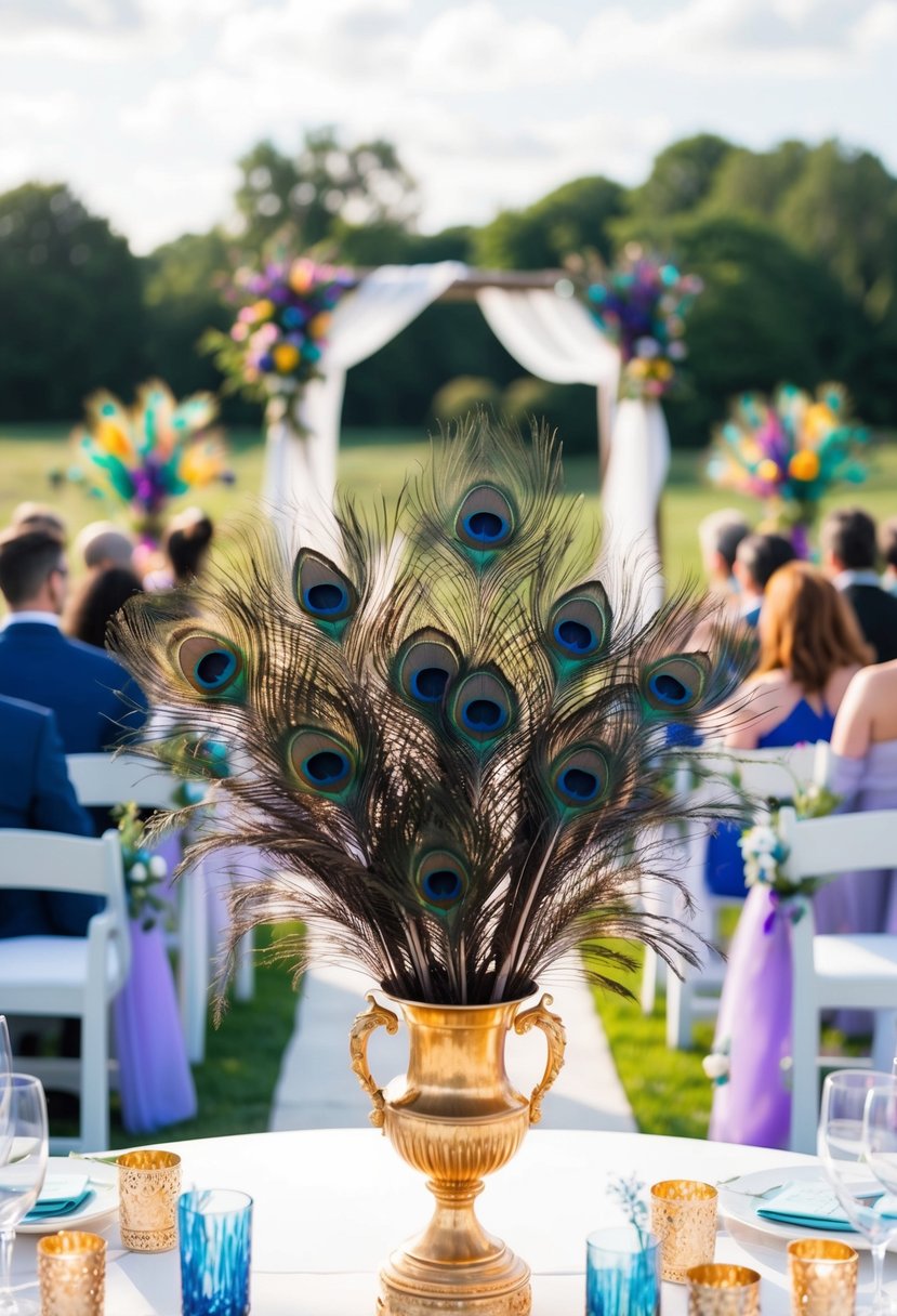 An outdoor ceremony adorned with peacock feathers, vibrant peacock-themed decor, and elegant peacock-inspired centerpieces