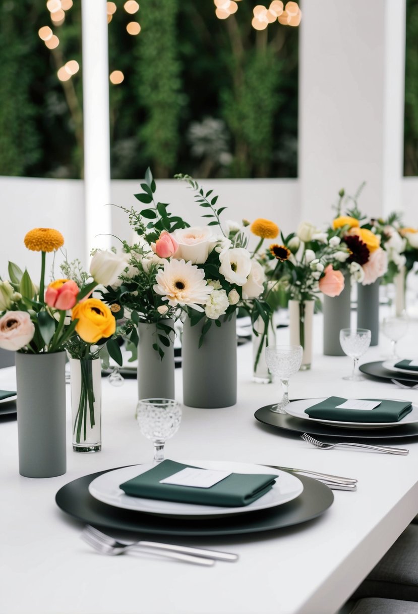 A sleek, minimalist wedding table adorned with an array of modern flower varieties in elegant vases