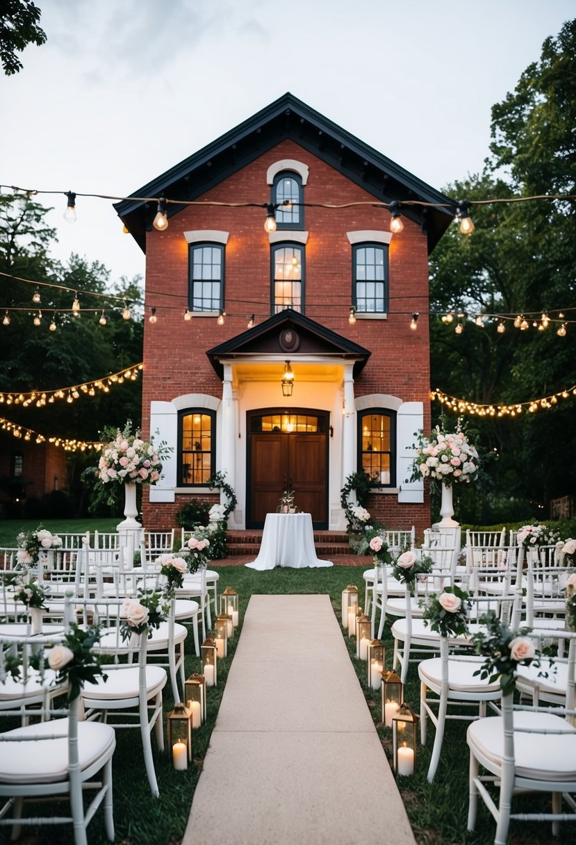 A vintage firehouse transformed into a wedding venue, adorned with twinkling lights and floral arrangements, set for a romantic Friday the 13th celebration