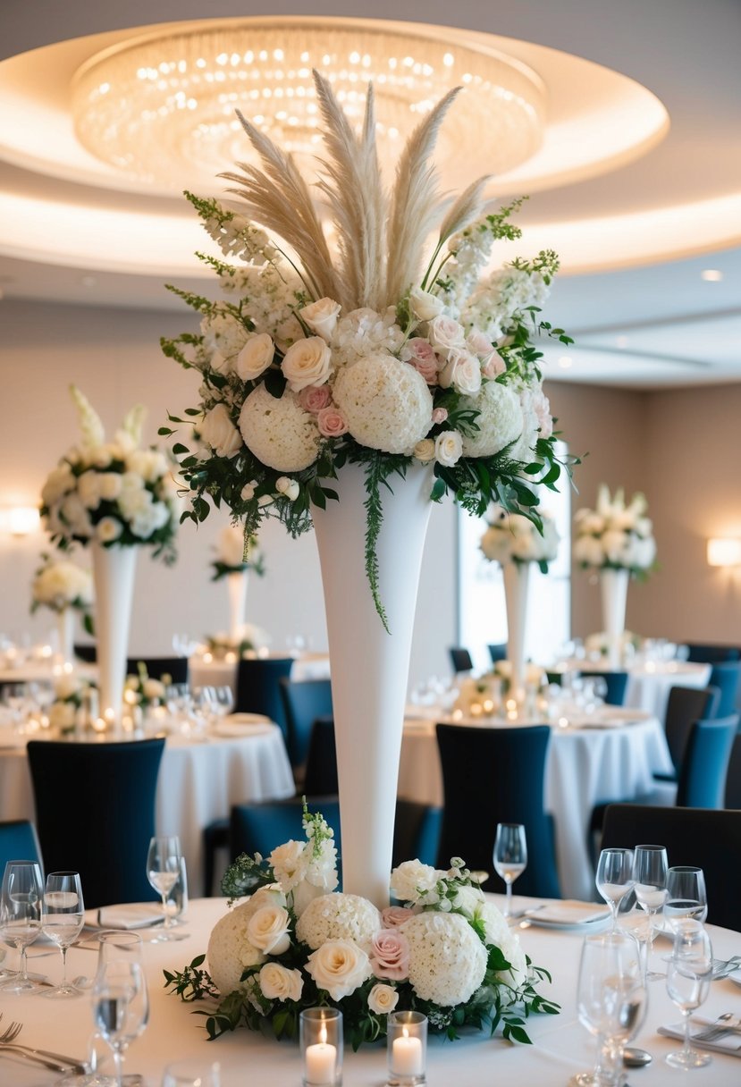 A tall, textured floral centerpiece sits atop a sleek, modern wedding table, surrounded by smaller arrangements of varying heights and styles