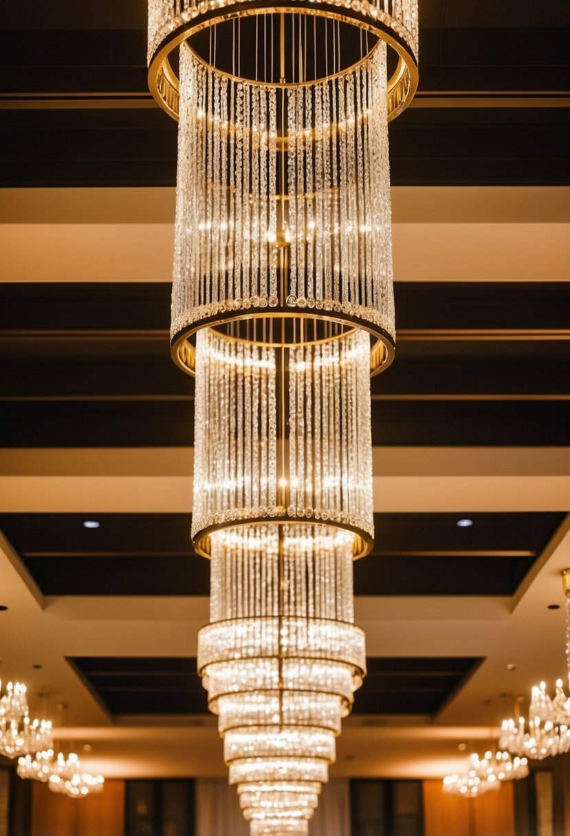 Elegant long hanging chandeliers illuminate a modern wedding reception with warm light and intricate design