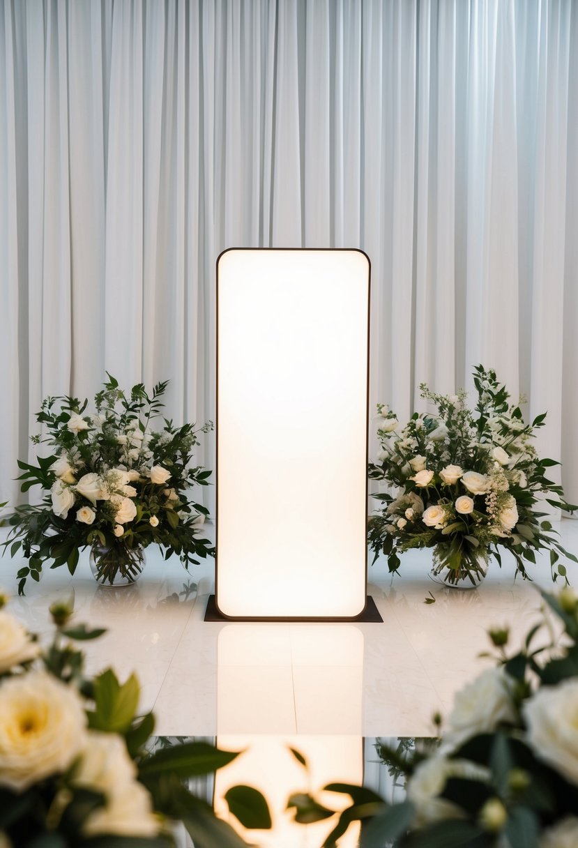 A sleek, minimalist photo booth with elegant lighting and a reflective surface, surrounded by modern wedding decor and floral arrangements