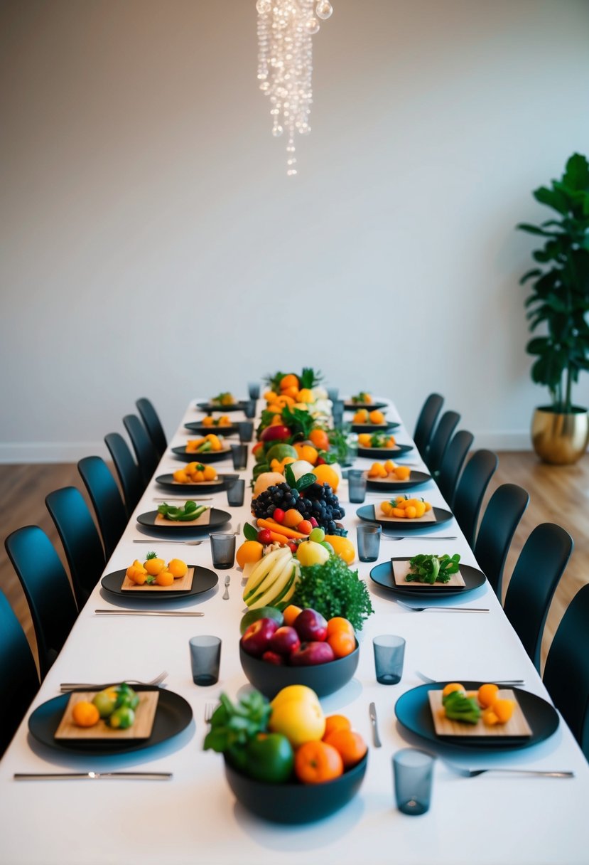 A sleek, minimalist table setting with an array of vibrant fruits and vegetables arranged as modern wedding decor