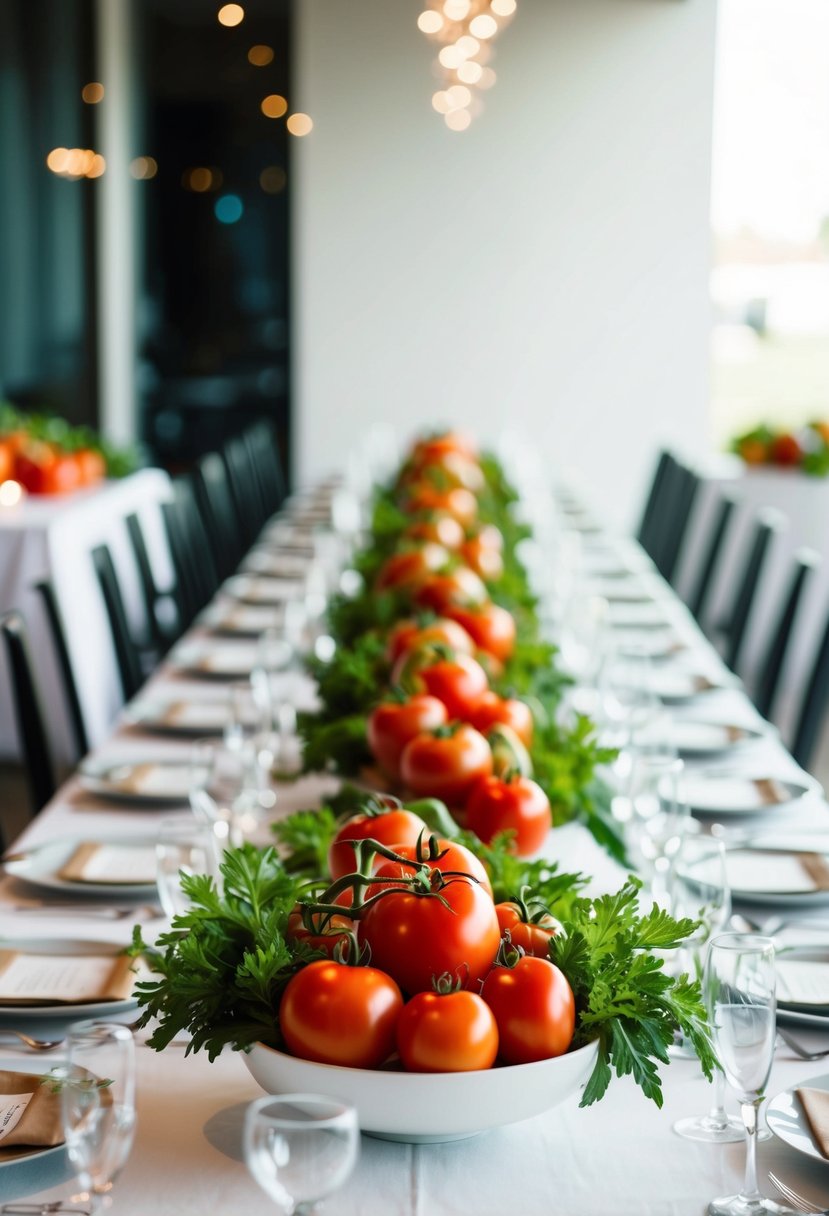 Lush heirloom tomato centerpieces adorn sleek modern wedding tables