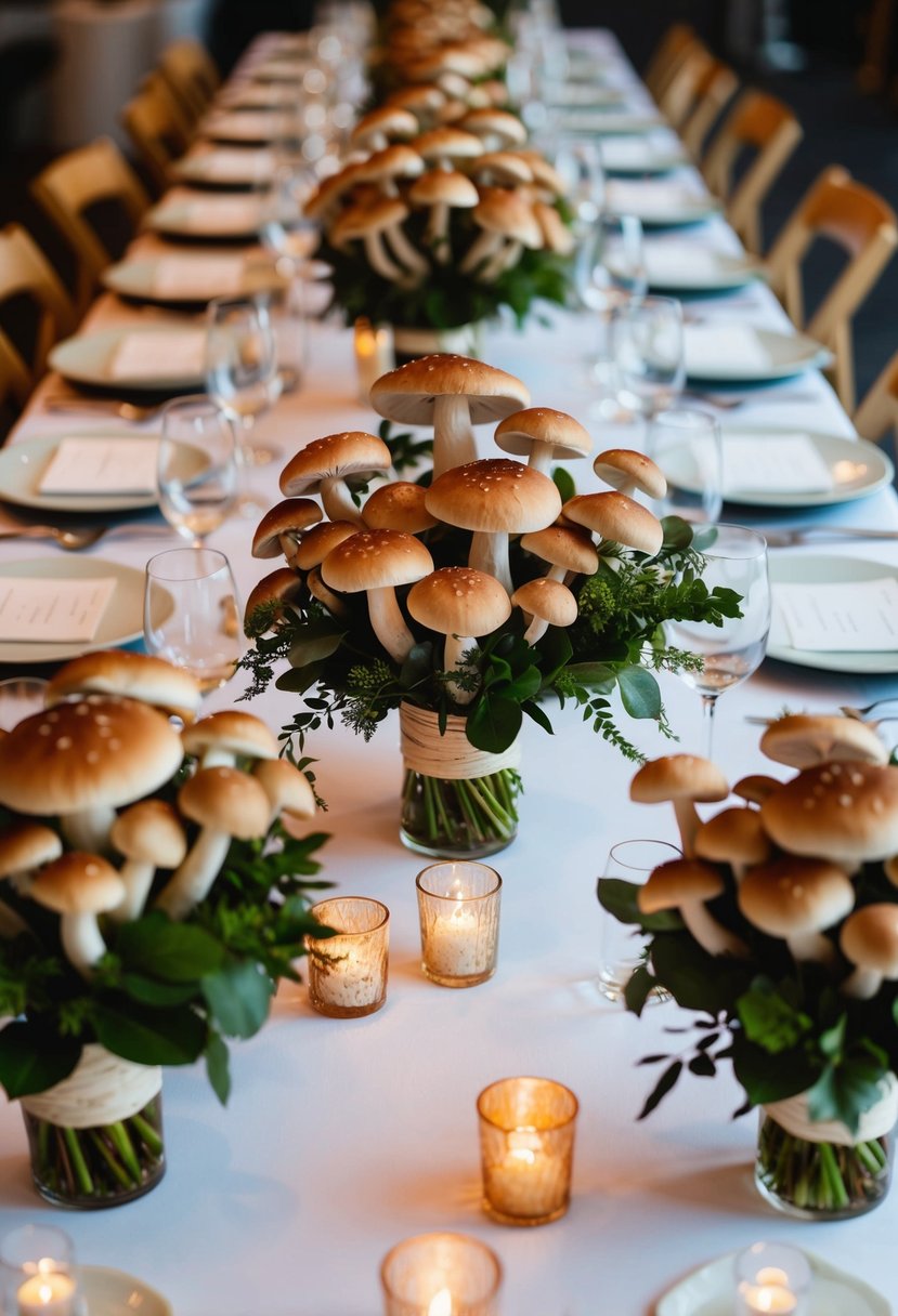 A table adorned with mushroom bouquets, surrounded by modern wedding decor