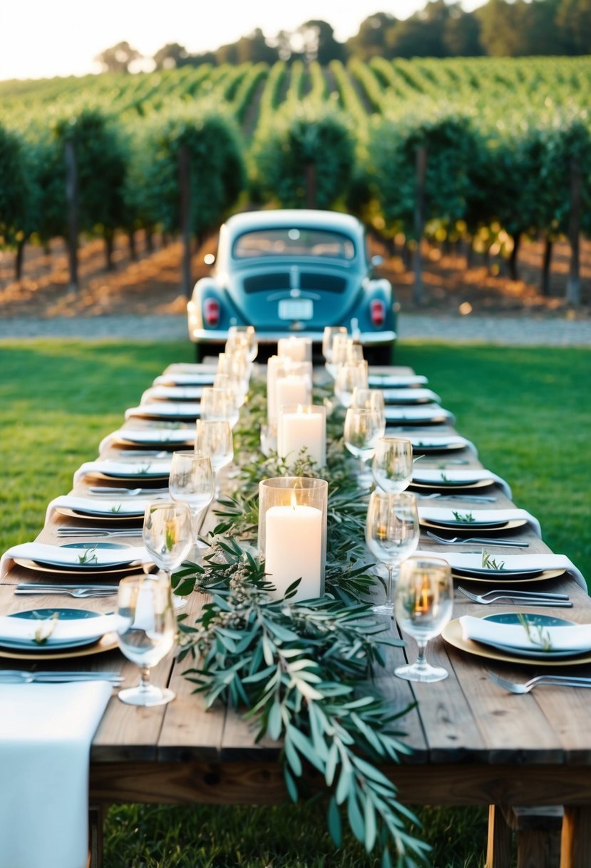 A rustic outdoor wedding with vineyard backdrop, long wooden tables adorned with olive branches and candles, and a vintage Italian car as a centerpiece