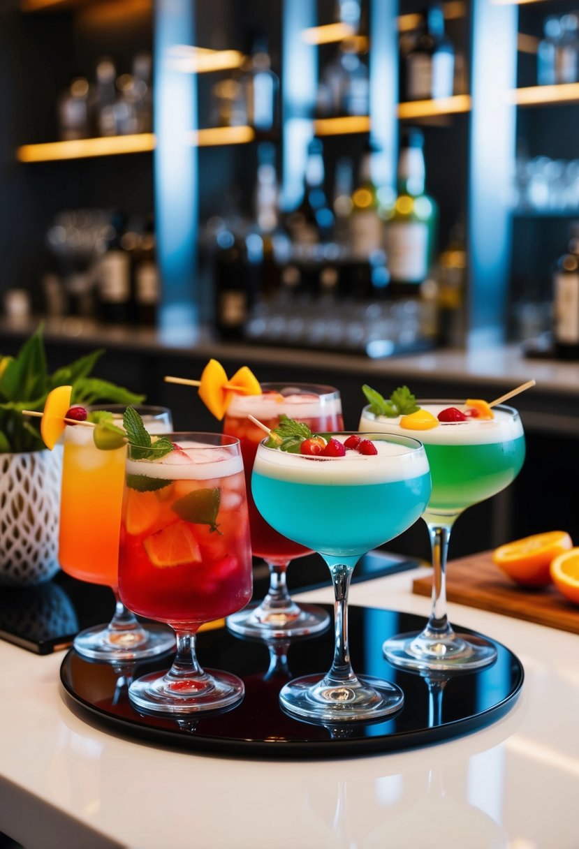 A sleek bar setup with colorful, artfully garnished wellness cocktails