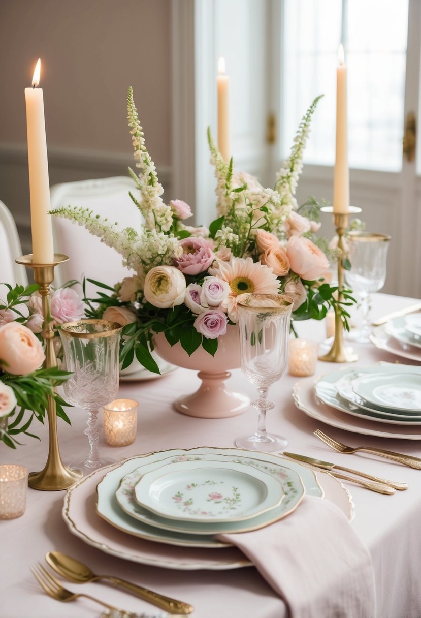 An elegant pastel tablescape with Italian flair: delicate floral centerpieces, vintage-inspired dinnerware, and soft candlelight