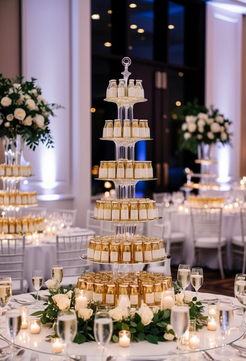 A lavish wedding reception with elegant champagne towers and modern decor