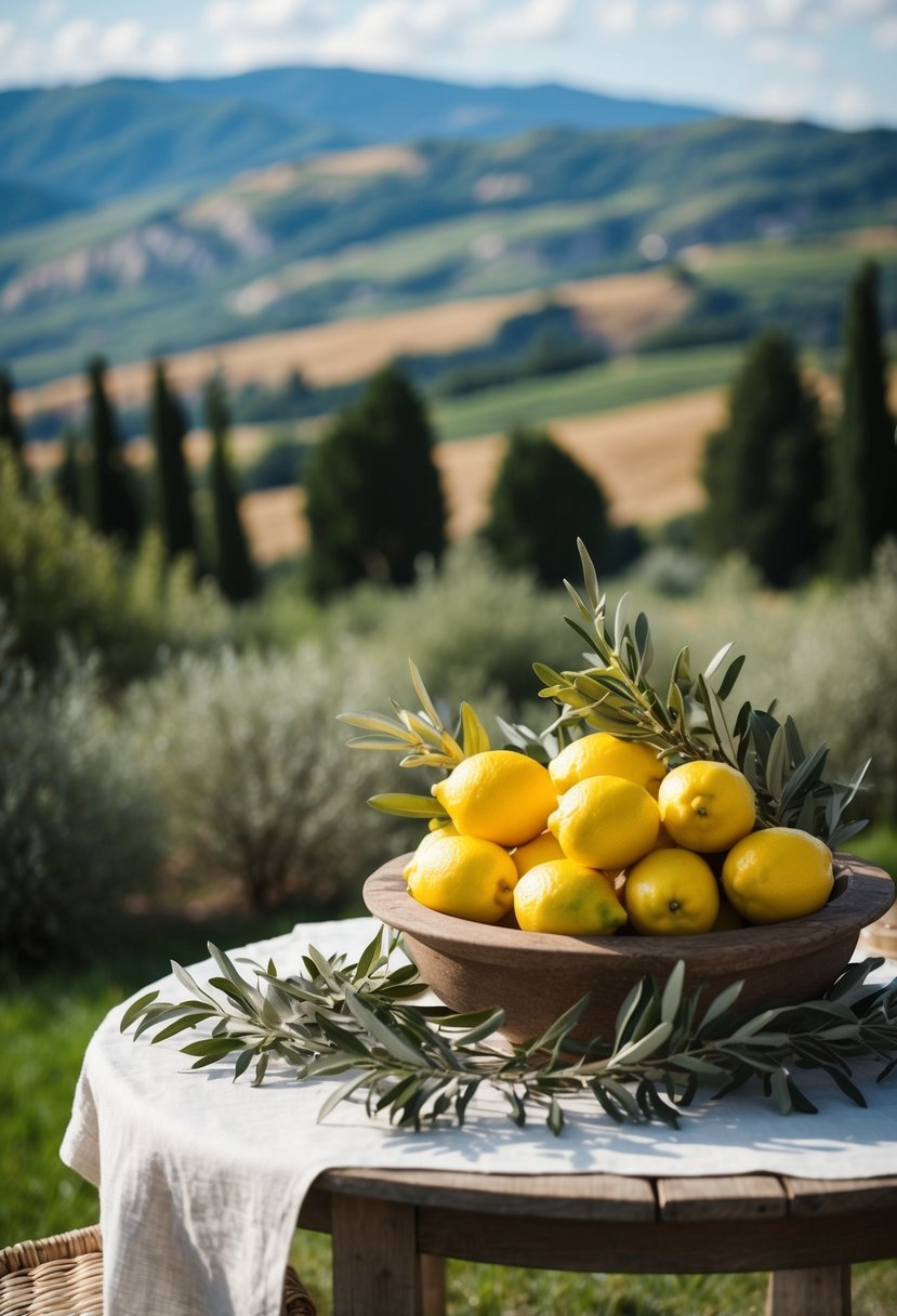 A rustic table adorned with fresh lemons and olive branches, set against a backdrop of rolling Italian countryside