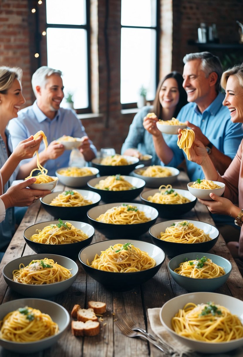 A rustic wooden table set with large bowls of pasta, surrounded by family and friends sharing laughter and conversation