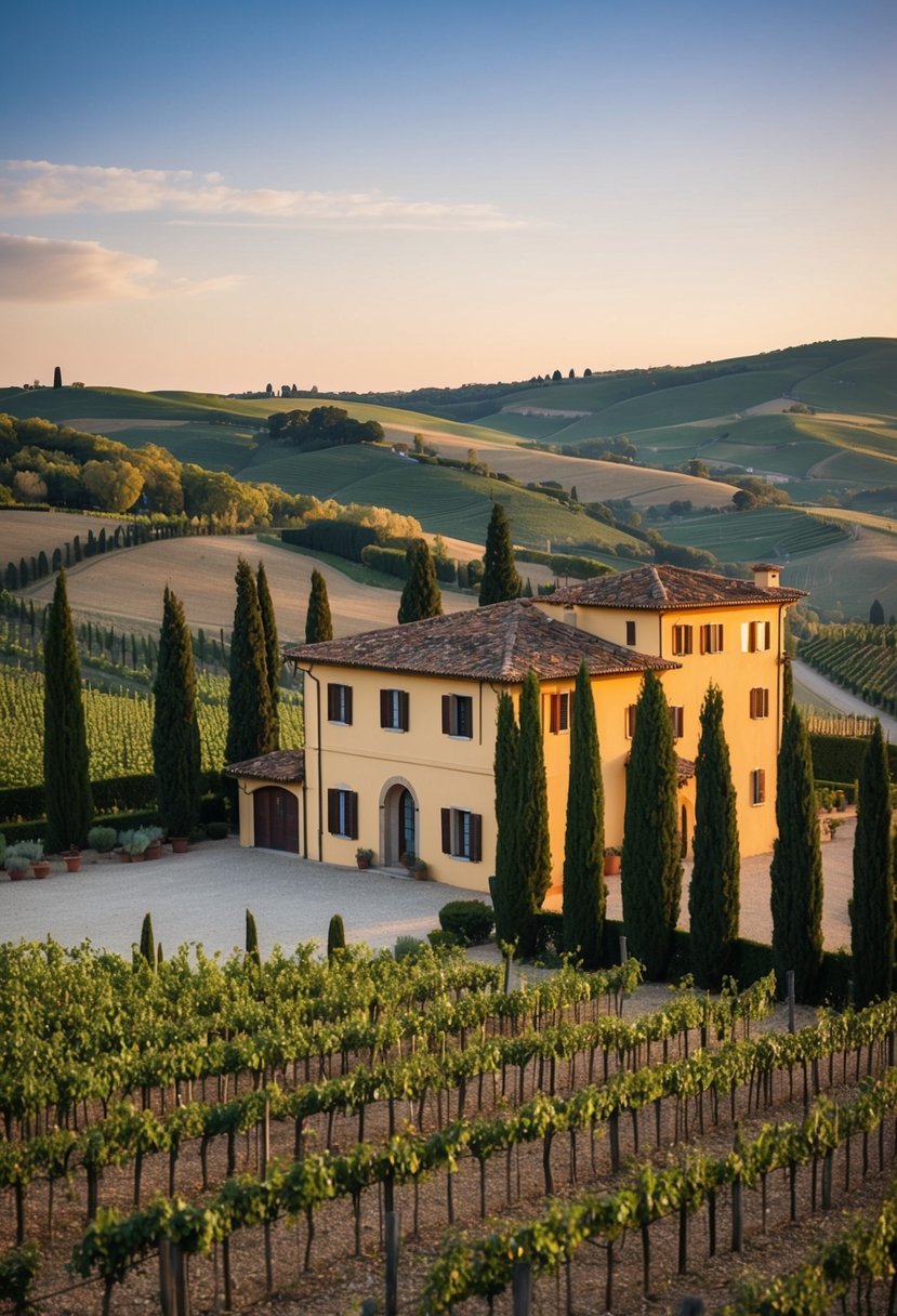 A traditional Italian villa nestled in rolling hills, surrounded by vineyards and cypress trees, with a terracotta roof and a rustic courtyard