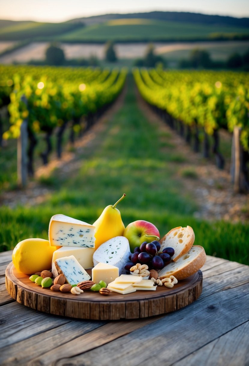 A rustic wooden table displays a selection of Italian cheeses, accompanied by fresh fruits, nuts, and bread, set against a backdrop of vineyards and rolling hills