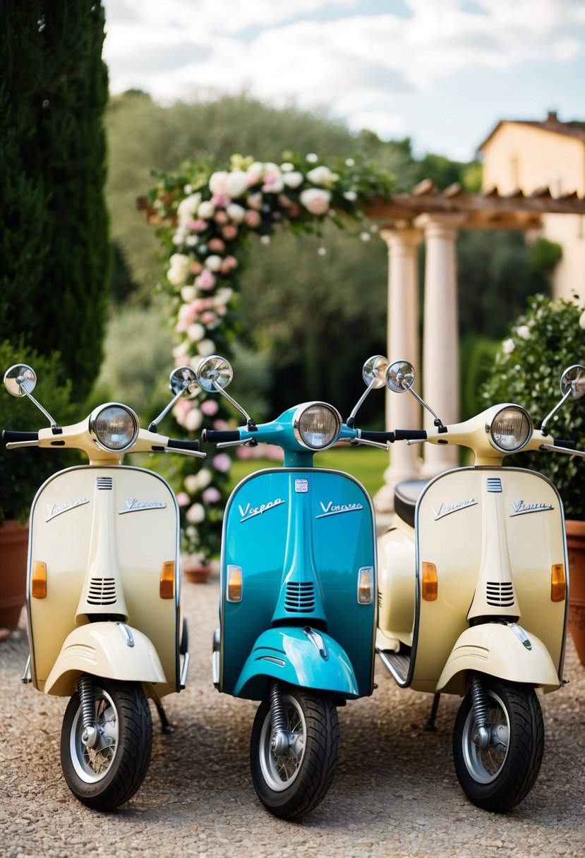 Vintage Vespa scooters arranged in a charming outdoor setting with floral accents, ready for a festive Italian wedding photo shoot