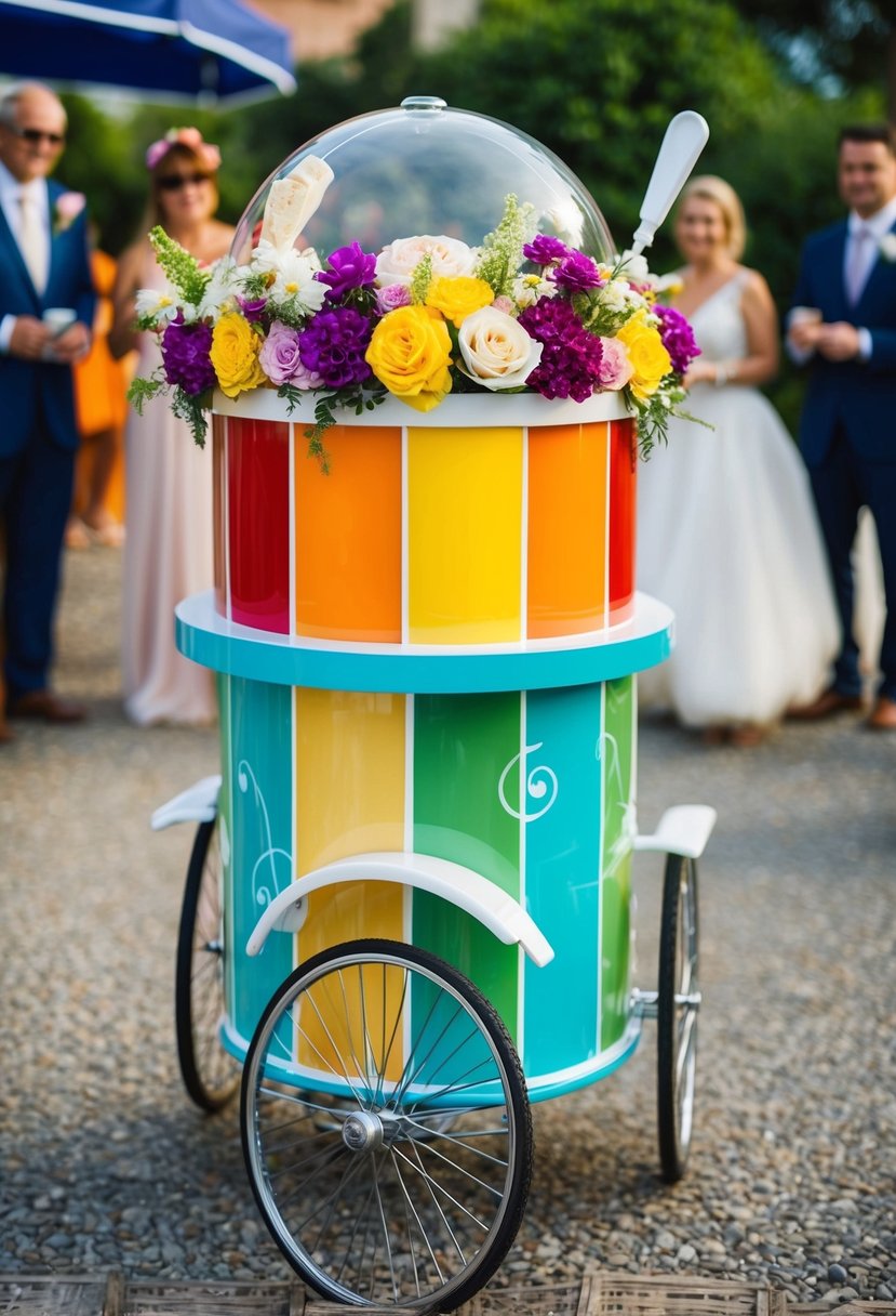 A colorful gelato cart stands adorned with flowers at an Italian wedding, offering sweet treats to guests