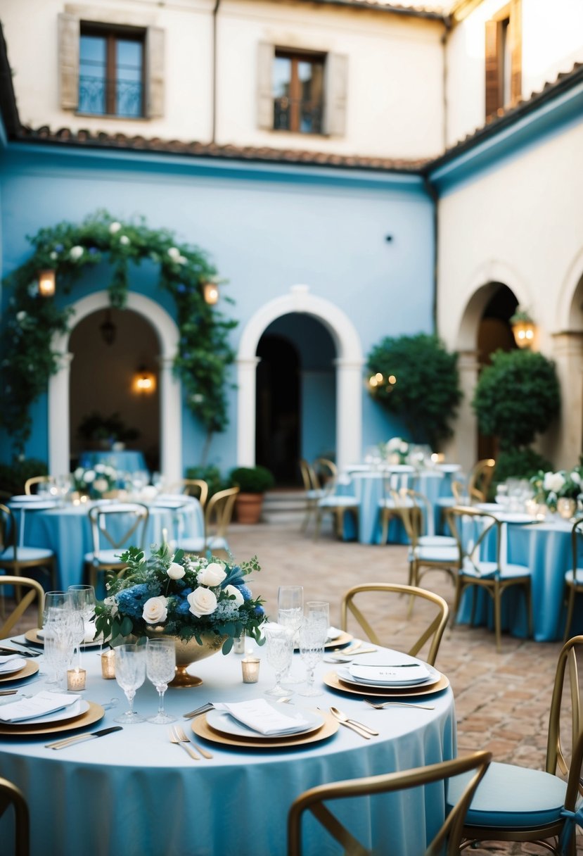 A serene Italian courtyard adorned with soft blue and gold accents, featuring elegant floral arrangements and delicate table settings