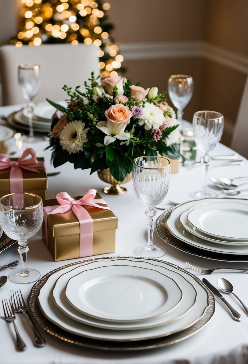 A beautifully set table with elegant dinnerware, glassware, and silverware. A bouquet of fresh flowers as a centerpiece, surrounded by gift-wrapped boxes