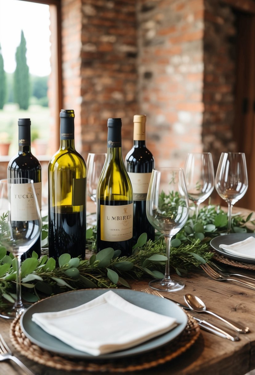 A rustic table set with Tuscan or Umbrian wine bottles, glasses, and greenery