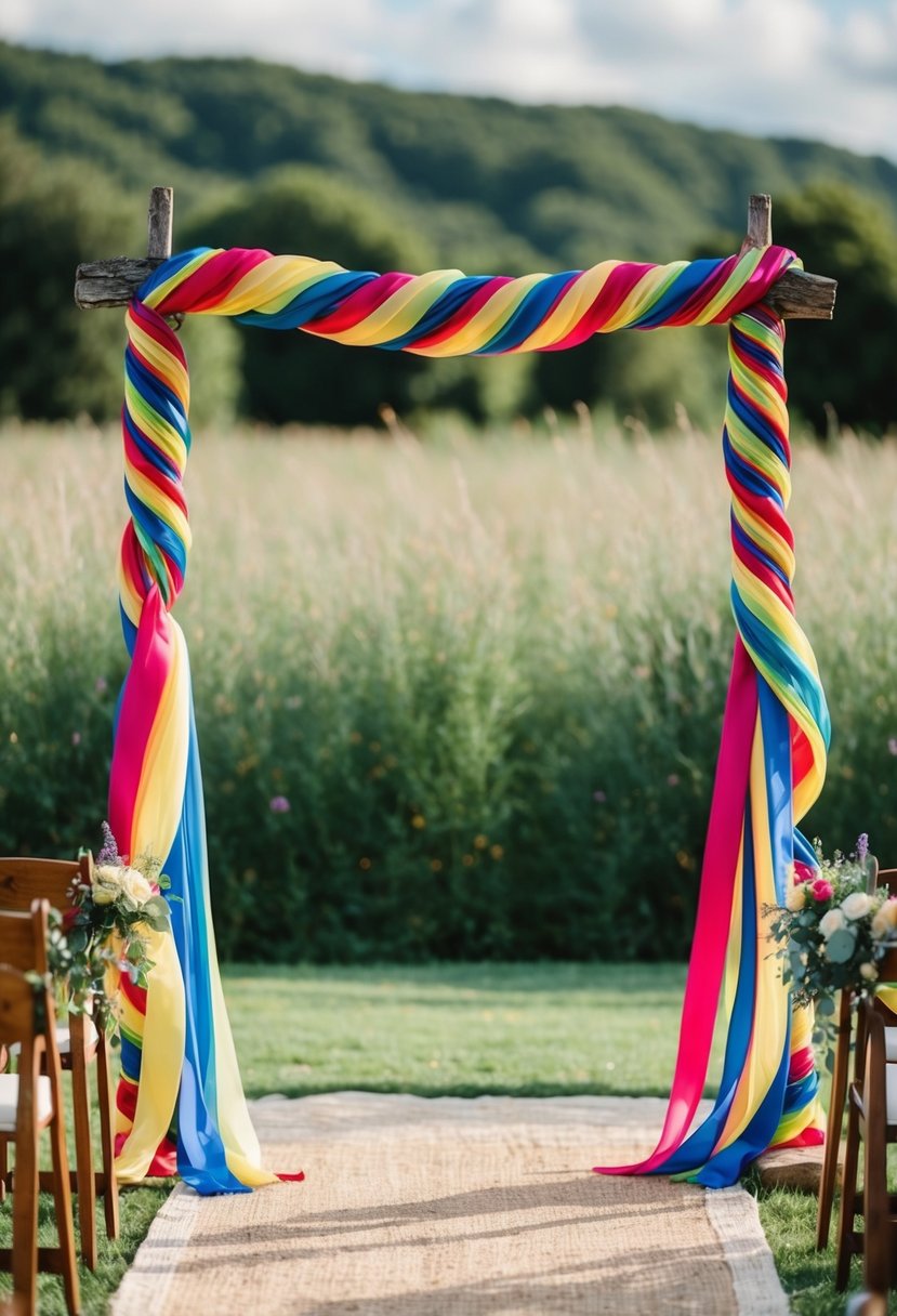 A rustic outdoor setting with colorful ribbons woven around a ceremonial arch, symbolizing the handfasting tradition in an Italian wedding