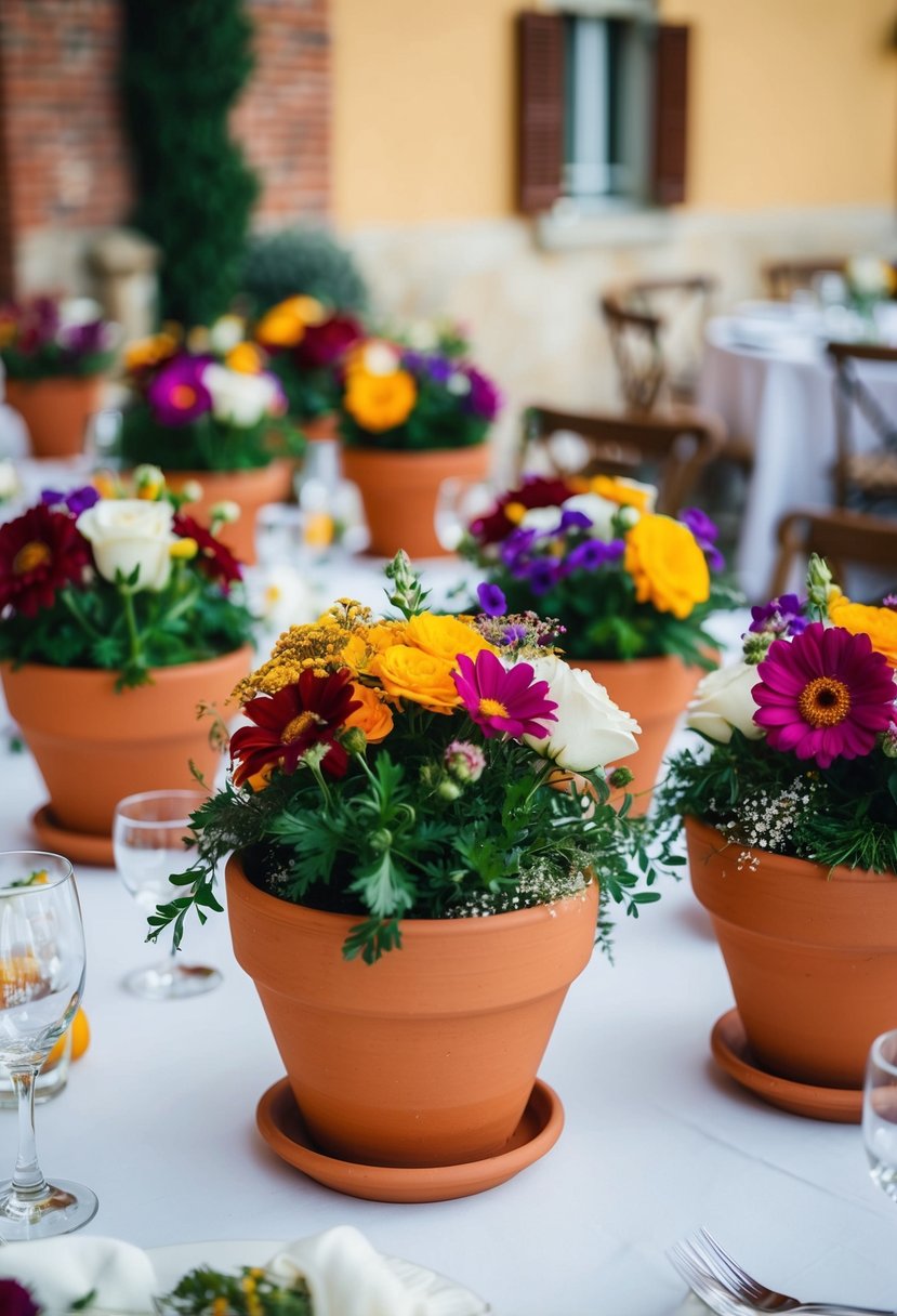 Terra cotta pots filled with vibrant flowers adorn tables at an Italian wedding celebration