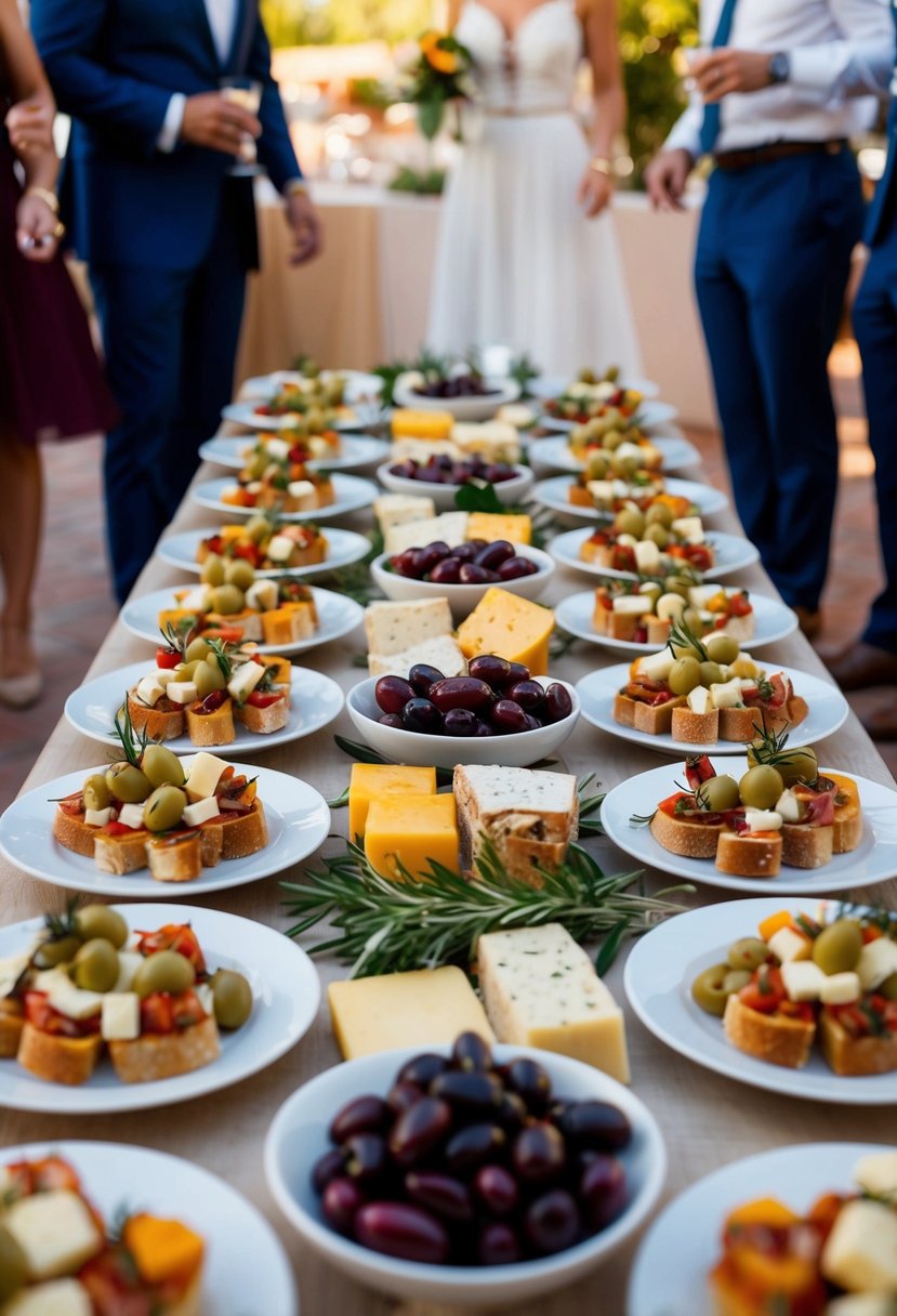 A table adorned with an array of colorful Mediterranean appetizers, including olives, cheeses, and bruschetta, is set up for a cocktail hour at an Italian wedding