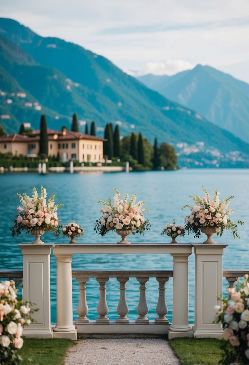 A serene Lake Como view with elegant floral arrangements and a picturesque villa overlooking the water