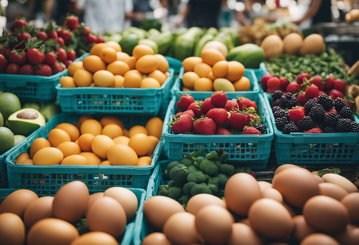 A bustling farmers market with colorful stalls selling fresh produce and keto-friendly breakfast items like eggs, bacon, avocados, and berries