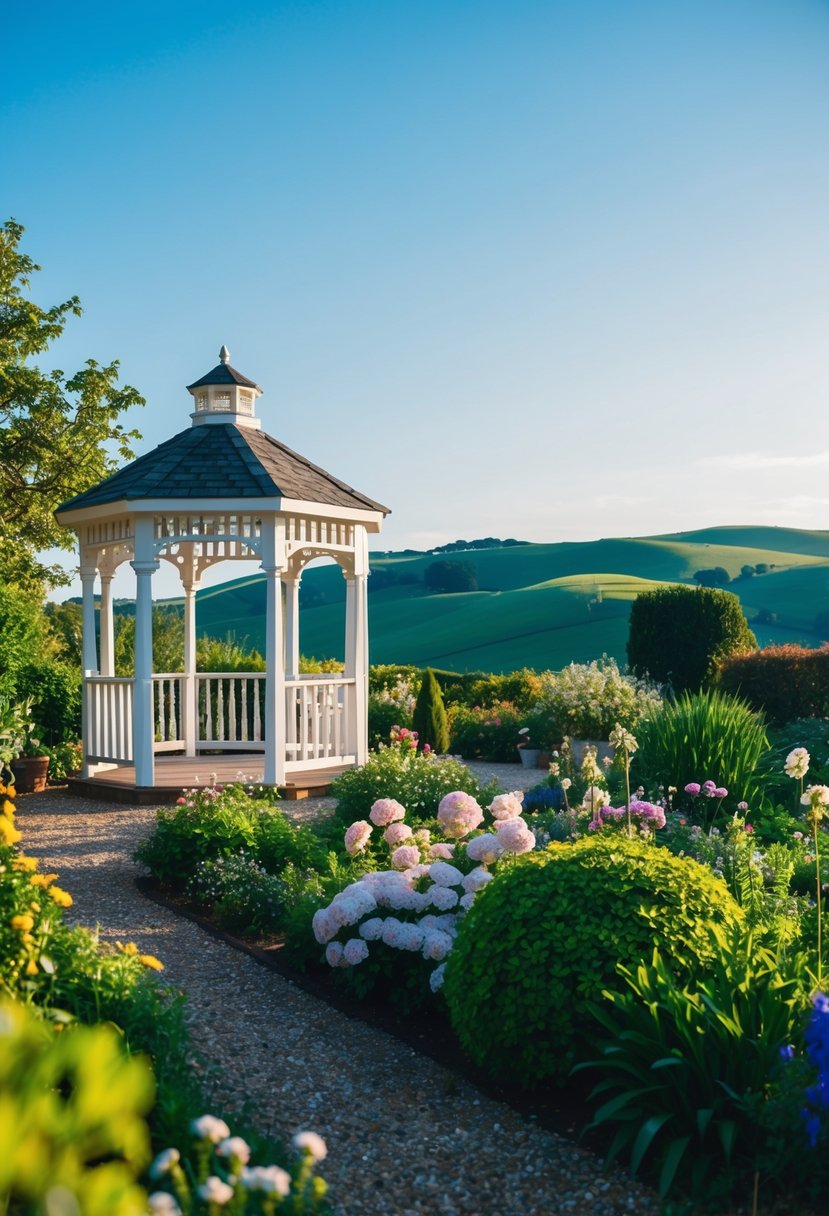 A picturesque outdoor garden with a gazebo, surrounded by blooming flowers and lush greenery, set against a backdrop of rolling hills and a clear blue sky